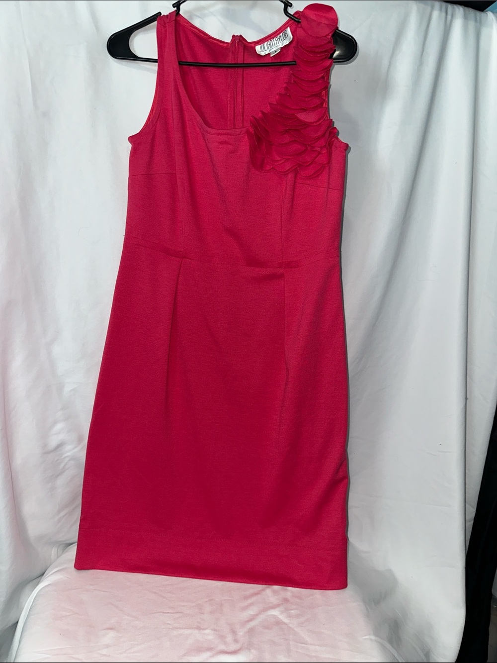 Julian Taylor One-Shoulder Fuchsia Sheath Dress with Floral Applique